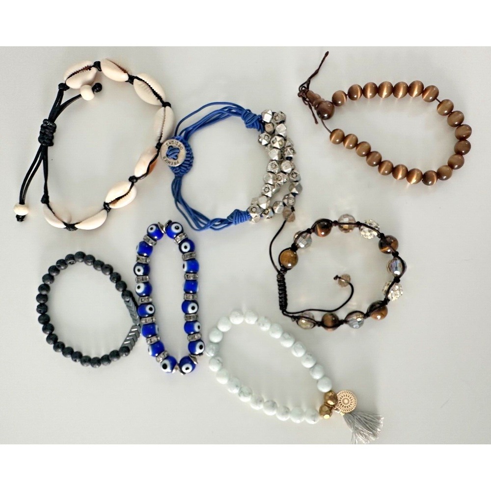 Bracelet lot Lava Rock Evil Eye Shell Cat's Eye Beaded Set 7 Slider Stretch Blue
